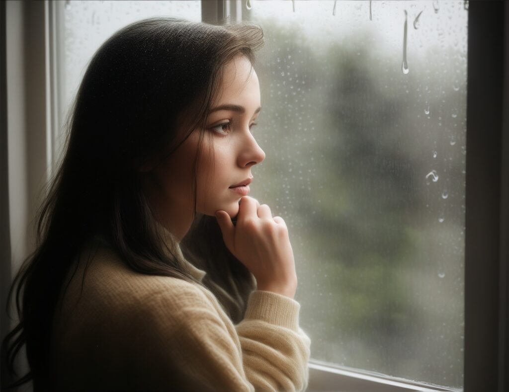なぜ「付き合っているのに寂しい」と感じるのか？考える女性、窓の外は雨